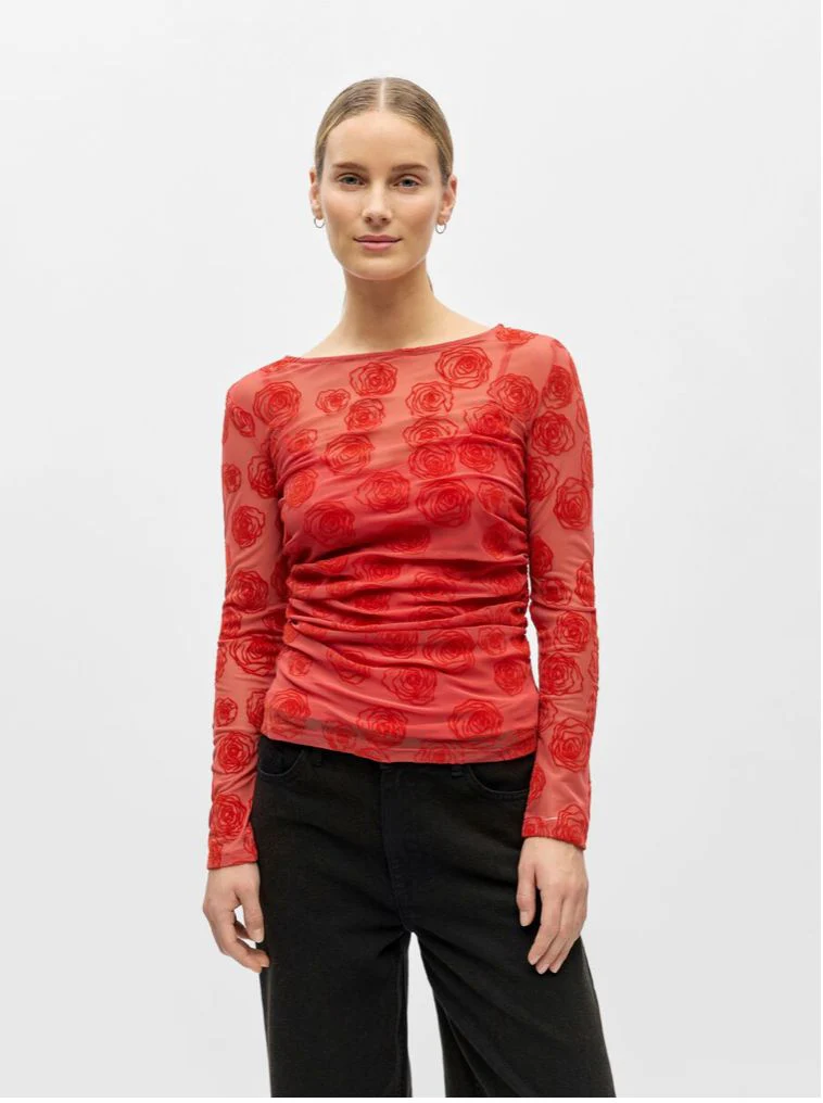 Top orange fleuris mesh drappé Élodie – Image 3