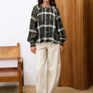 Blouse carreaux brodé noir Korat