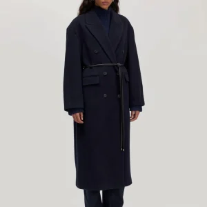 Manteau navy ceinturé en laine Leana