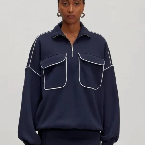 Sweat-shirt col montant zipé bleu marine surpiqûres blanches Imani