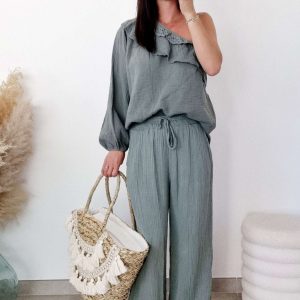 Pantalon Cathy en Gaze de Coton Kaki
