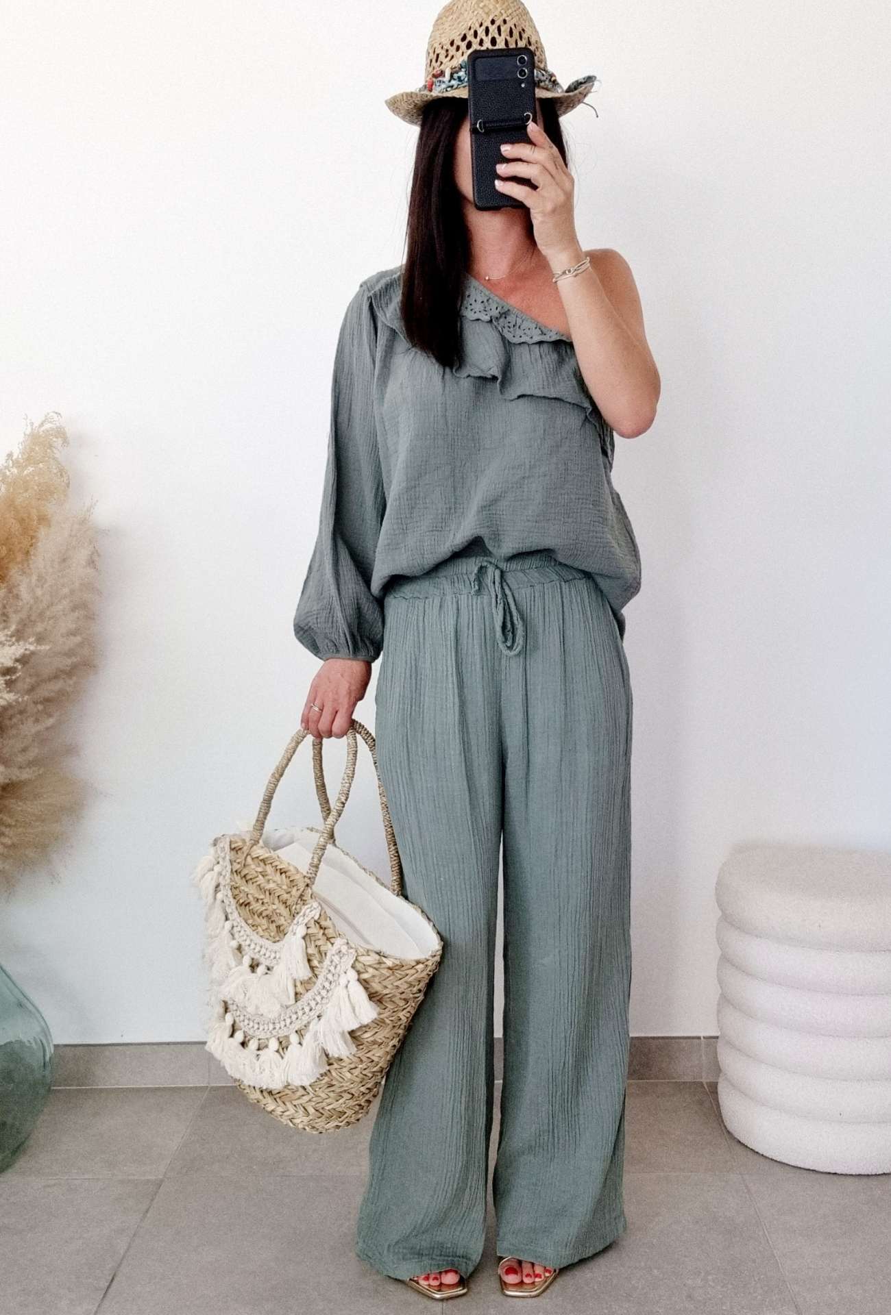 Pantalon Cathy en Gaze de Coton Kaki