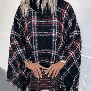 Poncho Bleu Marine à Carreaux