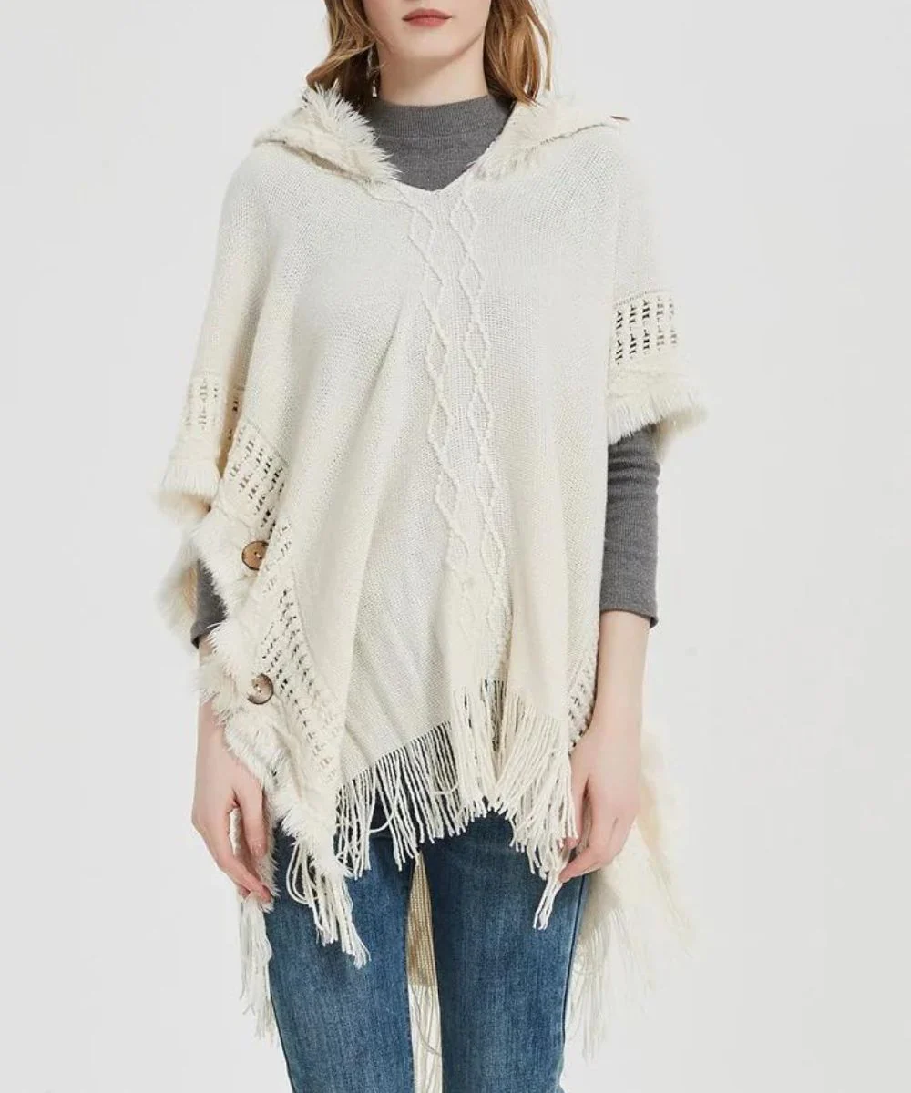 Poncho Laine Femme Avec Capuche