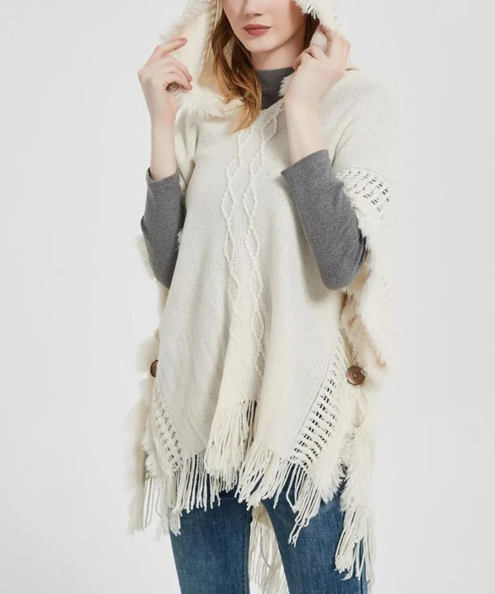 Poncho Laine Femme Avec Capuche – Image 2