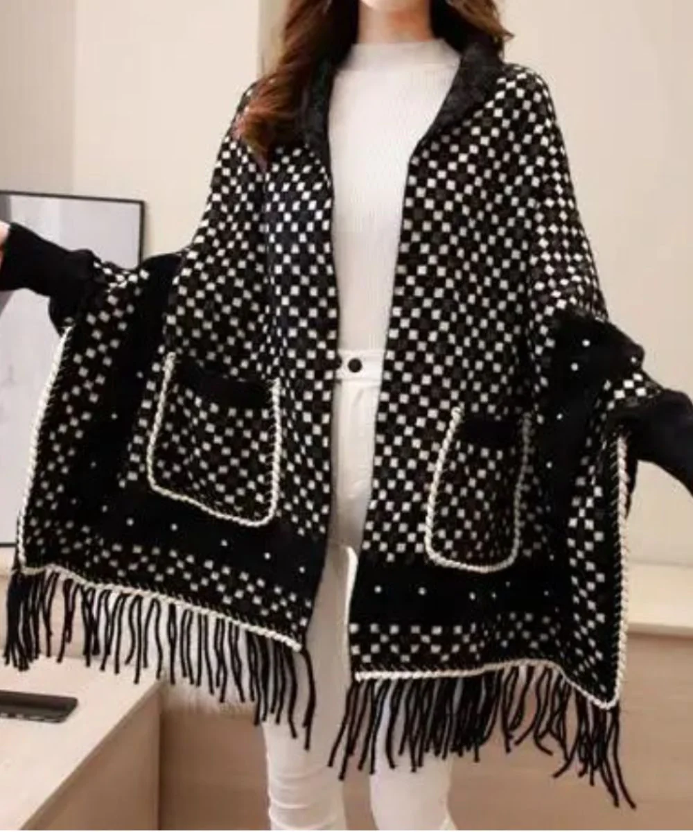 Poncho Laine Noir Femme
